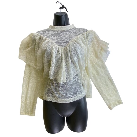 Zara Large Western Prairie Boho Lace Ruffle Sheer Long Sleeve Blouse Cream Ivory - Picture 1 of 6